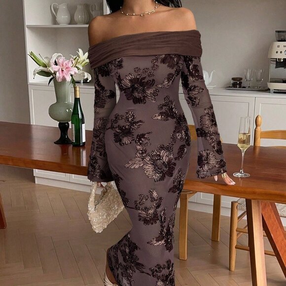 Coffee Brown Elegant Women's Floral Embroidery Off-Shoulder Maxi Dress - Picture 3 of 6